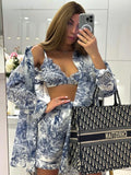 Bonnyshow Fashion Loose Print 3 Piece Sets Women Outfit  Elegant Long Sleeve Shirt + Bra With High Waist Shorts Set Streetwear