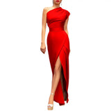 Bonnyshow Women Ball Evening Dress Sleeveless One Shoulder Slim Fit Lady Dress Tight Waist High Split High Waist Slant Party Maxi Dress