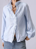 Bonnyshow  Solid Embroidery Cotton Blouse Women Lace Trim Stand Collar Single Breasted Long Sleeve Blouses Simple Casual Fashion Shirt Tops