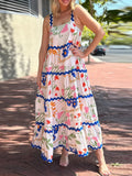 Bonnyshow  Women s Sleeveless Maxi Dress with V-Neckline and Ruffle Detailing Elegant Floral Print Summer Beach Dress