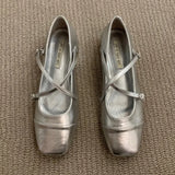 Bonnyshow  Medium Heeled Mary Jane Single Shoes   New Women Shoes Retro Thick Heeled Ballet Shoes Cross Buckle Shallow Soft Sole Shoe