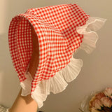 Bonnyshow Korean Plaid Triangle Hair Scarf Women Double Sided Lace Headscarf Summer Sunscreen Girls Headwrap Headband Photo Props