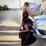 Bonnyshow Aso Ebi Stylished Black Asymmetrical Long Satin Evening Dresses With Detachable Train Sexy African Party Dress Maxi Gowns