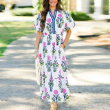 Bonnyshow  Casual Print Women Mid Dress 2025 Summer Puff Short Sleeve O-neck Button Pleated Female Dresses Fashion Pocket Lady Robe