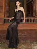 Bonnyshow  Sexy Strapless Transparent Lace Wers Women Maxi Backless Evening Dress Female Autumn New Elegant Party Clubwear