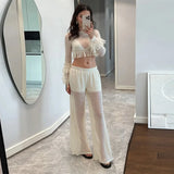 Bonnyshow  See Through Women's Pant Suit Two Piece Set Sexy Tassel  Patchwork Full Sleeve Tank Top Wide Leg Pants Female Sets Beach Outfit