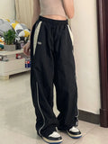 Bonnyshow 2 Women Spring Retro Solid Loose Drawstring Trousers Casual Joggers Baggy Wide Leg Sweatpants Mid Waist Sporty Y2k Female Clothes