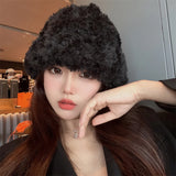 Bonnyshow Winter Plush Knitted Beanie Cap for Women Korean Thicken Warm Pullover Hat Female Girls Outdoor Solid Color Ear Protection Hats