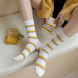 Bonnyshow 5Pairs/Set Cute Flower Striped Women Socks Autumn Winter Cotton Middle Tube Sock Female Girls Yellow Series Casual Sport Socks