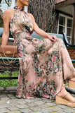 Bonnyshow Elegant Vintage Rose Print Halter Neck Maxi Dress