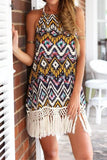 Bonnyshow Tribal Printed Halter Neck Fringed Mini Dress