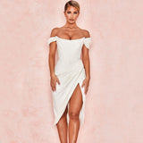 Bonnyshow Glossy Satin Off Shoulder Draped Corset Cocktail Midi Dress - White