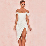 Bonnyshow Glossy Satin Off Shoulder Draped Corset Cocktail Midi Dress - White