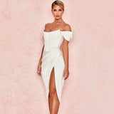 Bonnyshow Glossy Satin Off Shoulder Draped Corset Cocktail Midi Dress - White