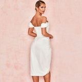 Bonnyshow Glossy Satin Off Shoulder Draped Corset Cocktail Midi Dress - White