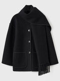 Bonnyshow New autumn and winter new fashion woolen coat thickened loose with scarf tassels for women