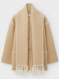 Bonnyshow New autumn and winter new fashion woolen coat thickened loose with scarf tassels for women