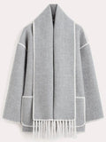 Bonnyshow New autumn and winter new fashion woolen coat thickened loose with scarf tassels for women