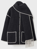 Bonnyshow New autumn and winter new fashion woolen coat thickened loose with scarf tassels for women