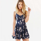 Bonnyshow Sleeveless V-Neck Backless Strap Floral Slim Casual Dresses