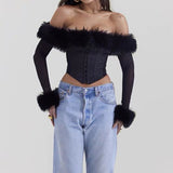 Bonnyshow Y2K Fuzzy Off Shoulder Top