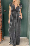 Elegant Simplicity Solid Pocket V Neck Loose Jumpsuits